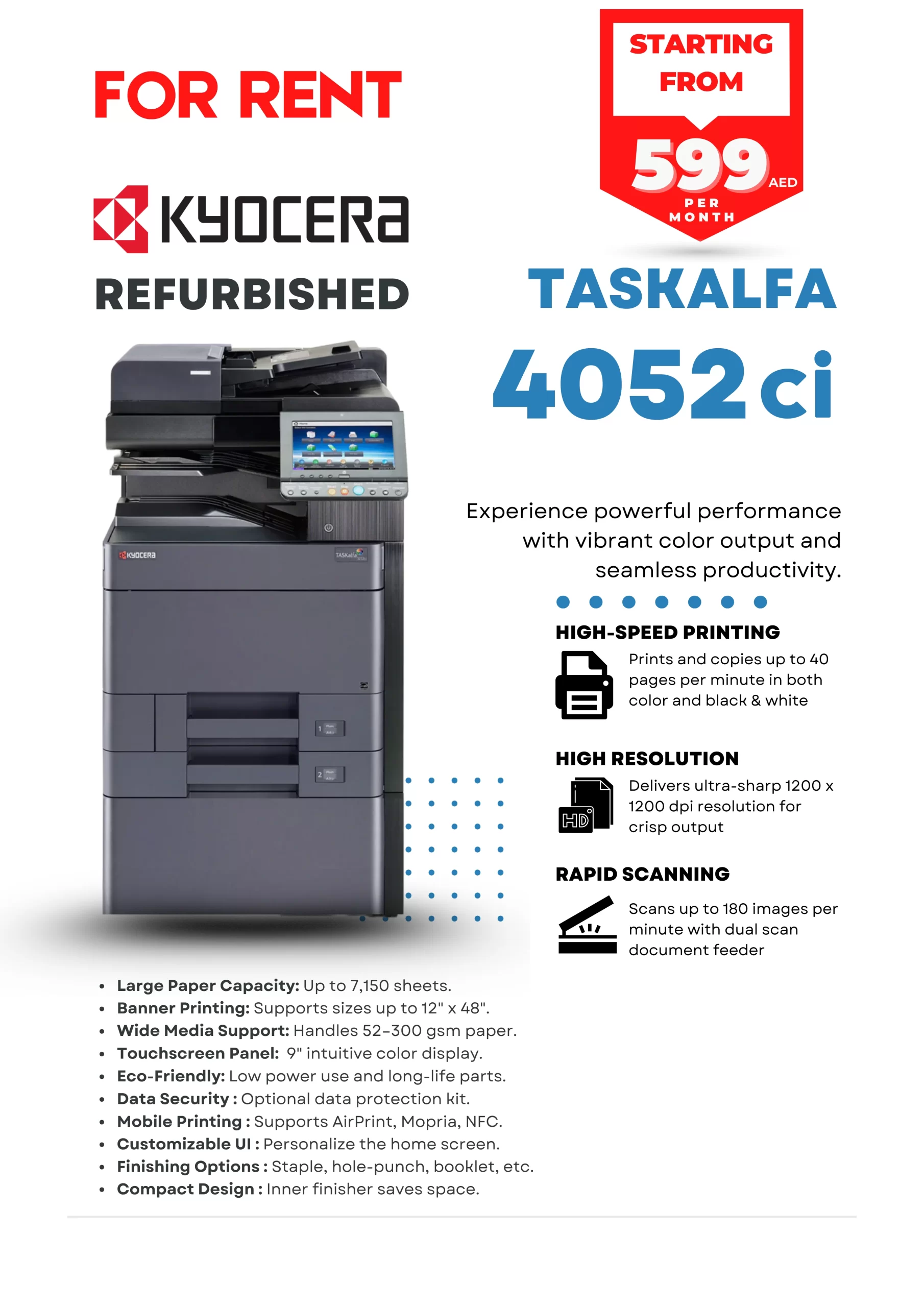 Printer for Rent Abu Dhabi Dubai Kyocera TASKalfa 4052 ci